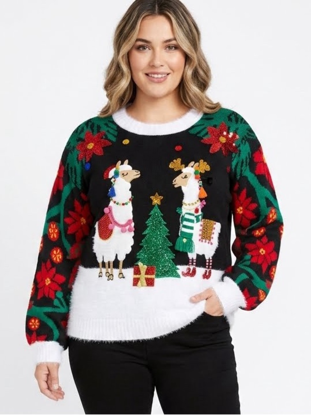 Holiday Time Festive Llama Christmas Sweater - Black, Green, Red, White